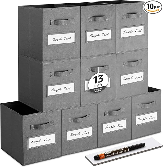 artsdi 13x13x13 storage cube bins (Set of 10) Fabric storage cubes with 10 Labels Window Cards & a Pen, storage cubes 13x13, Collapsible 13 inch cube storage bins, Cubby Organizer Boxes, Gray