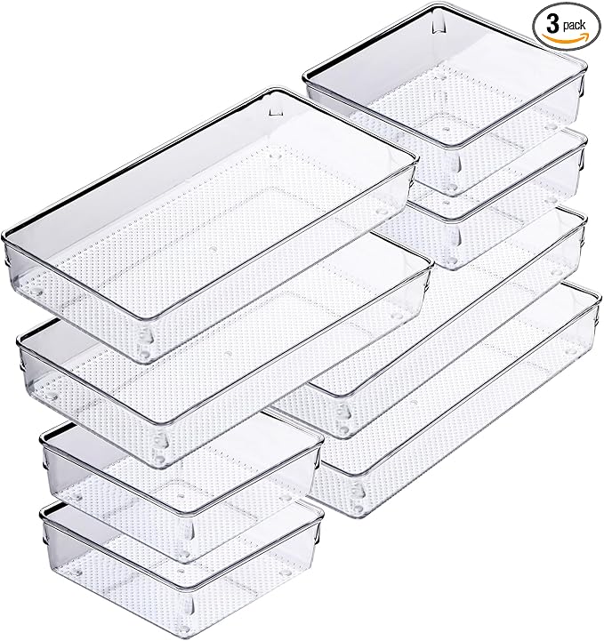 ihomecooker 3 Pack Clear Plastic Drawer Organizer Tray Cutlery Utensil Makeups Drawer Silverware Organizers 12" X 6"… (8P(6x6+6x12))