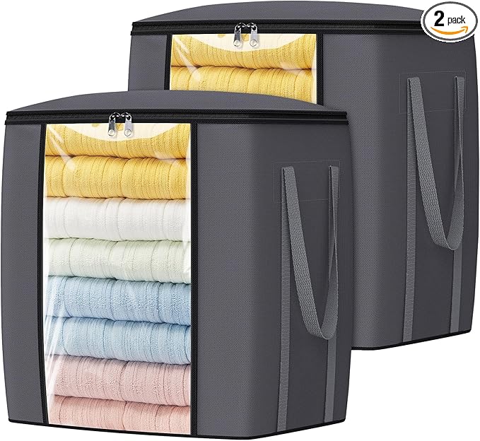 120L Extra Large Clothes Storage Bags, Foldable Blanket Storage and Organization, Thick Fabric Containers with Reinforced Handles & Zippers for Clothing, Comforters, Bedding, Gray, 2 Pack