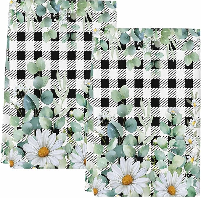 Kitchen Towels Set of 2, Green Eucalyptus Leaves Soft Microfiber Dish Towels, Summer Botanical Daisy Black Plaid Absorbent Washable Dishcloths for Kitchen Cleaning, Drying Dishes, 18x28 Inches