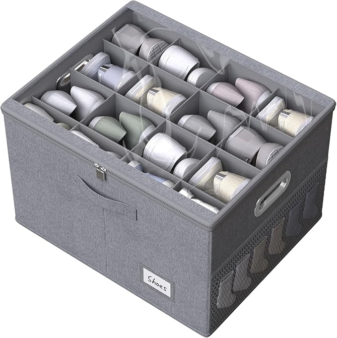 Shoe Organizer for Closet, Large Shoe Box Storage Containers with Clear Window, Space Saving Shoe Bin with Foldable Bottom Support Adjustable Dividers - Fits 16 Pairs (Grey, (19.7*15.7*13)x1)