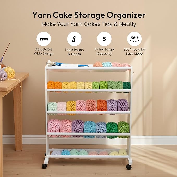 Yarn Storage Organizer, 5 Tier Wooden Cart for Yarn Cake Organize, Mobile Yarn Rack with 4 Rolling Wheels, Side Hooks & Pouch for Knitting Crochet Supplies, Ideal for Craft Room Organization(White)