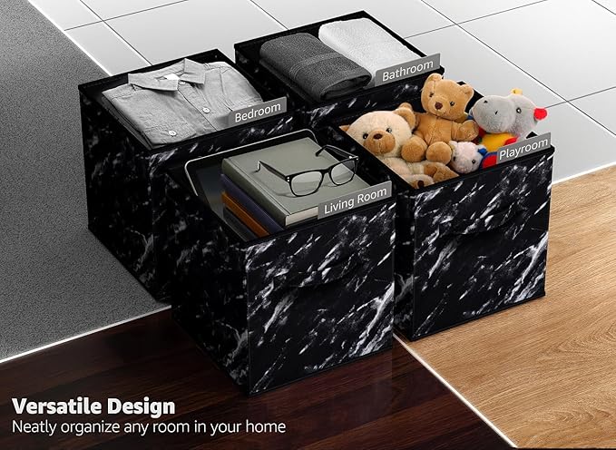 Sorbus Collapsible Fabric Storage Cubes - 11" Foldable Organization Baskets with Handle - 4 Black Marble for Pantry, Closet, Nursery, Dorm, Toy Storage