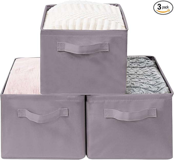 Storage Basket Bins with Metal Frame, Large Collapsible Fabric Storage Baskets for Organizing Shelf, Basket Organizer W/Handles for Blankets, Towels, Laundry, Shelves, 3-Pack, Gray