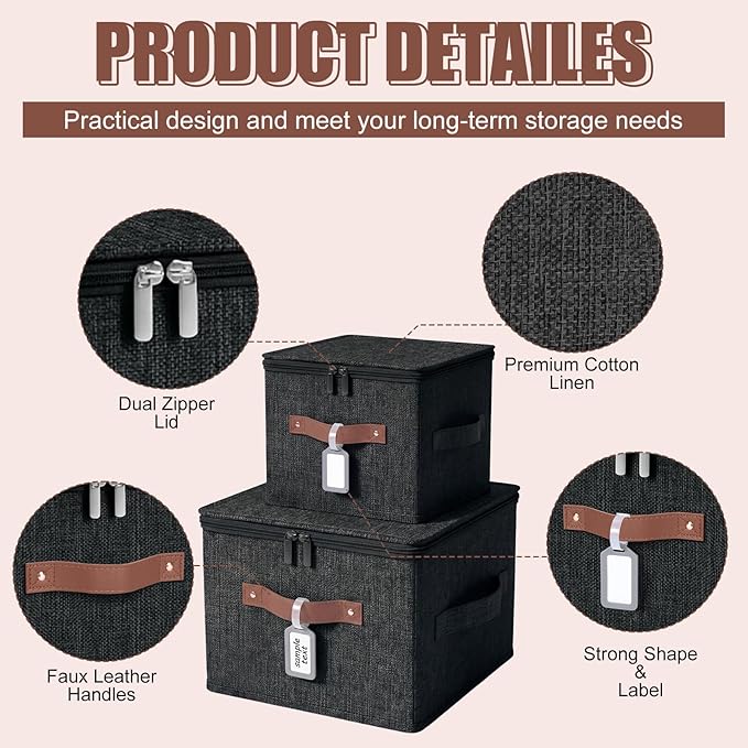 Fiwochic 6 Pack Fabric Storage Bins with Lids, 10x8x7Inch Foldable Cotton Linen Storage Boxes with PU Leather Handles and Label Holders for Closet, Bedroom, Shelf, Nursery, Black