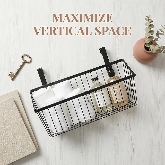 LeleCAT Grid Storage Baskets with Hooks, Over Cabinet Door Organizer, Wire Basket Hanging Storage Organizer, Kitchen Bathroom Organizer (Black, Extra Large)