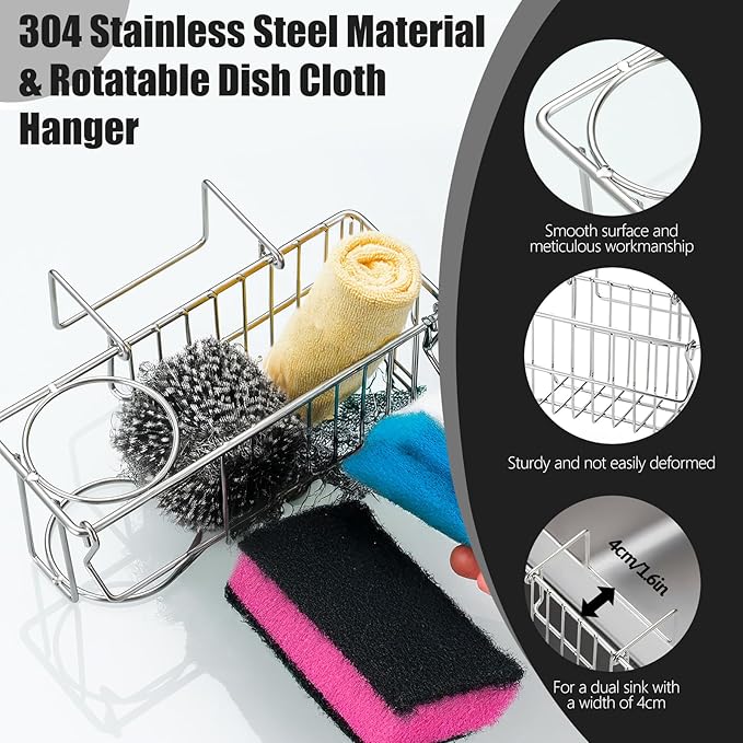 3-in-1 Sponge Holder for Kitchen Sink, Double Bowl Sinks Caddy, 304 Stainless Steel Hanging Sink Organizer & Accessories, Dish Cloth Drainer Basket Brush Soap Rack Silver