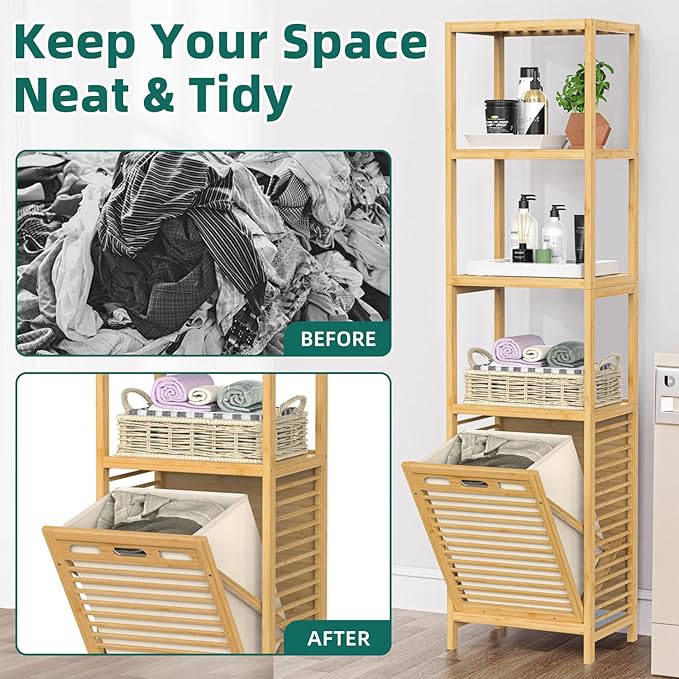 Bamboo Tilt Out Laundry Hamper, 4-Tier Tilt Out Hamper for Laundry with Shelf & Removable Clothes Basket - Can Convert to 2-Tier Pull-Out Laundry Hamper & 2 Tier Freestanding Shelf, Beige