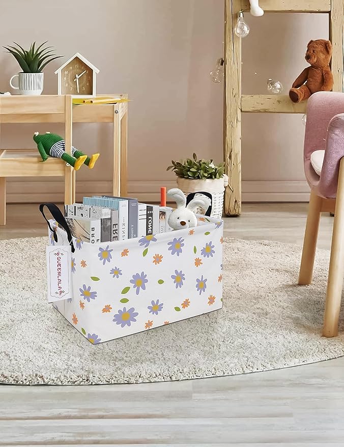 QUEENLALA Rectangular Laundry Hamper/Foldable Nursery Laundry Basket for Organizing/Storage Bin Baskets/Children Toy Office Bedroom/Toy Bin Closet Shelf Baskets（Rec-flowers）