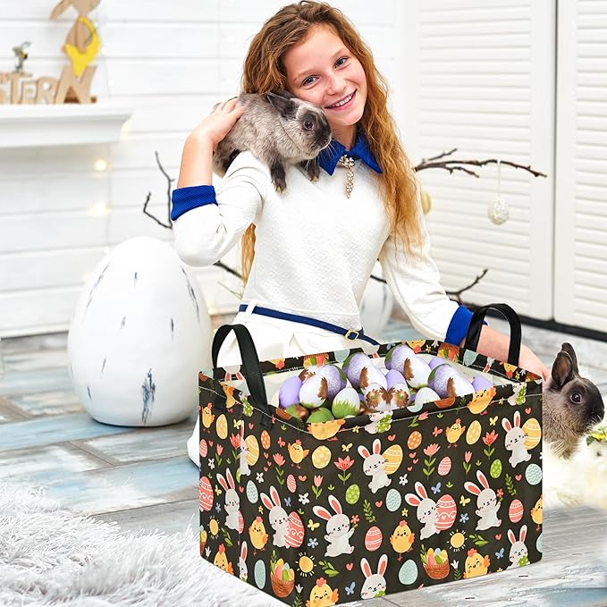 Easter Storage Basket Eggs Bunny Flower Gifts Cube Waterproof Storage Bins Organizer,Foldable Closet Shelf Baskets with handles for Women,Nursery Hamper Toys Box,Room Decorations
