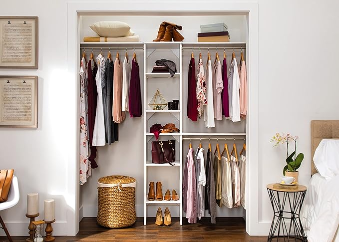ClosetMaid SuiteSymphony Wood Closet Organizer Starter Kit with Tower and 3 Hang Rods, Shelves, Adjustable, Fits Spaces 4 – 9 ft. Wide, Pure White
