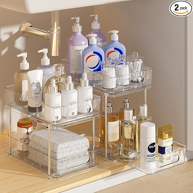 Delamu 2 Tier Snap-Lock Bathroom Under Sink Organizers and Storage, Multi-Purpose Cabinet Drawers with Movable Dividers, Pull Out Organization for Countertop, Kitchen and Pantry(Clear, 2 Pack)