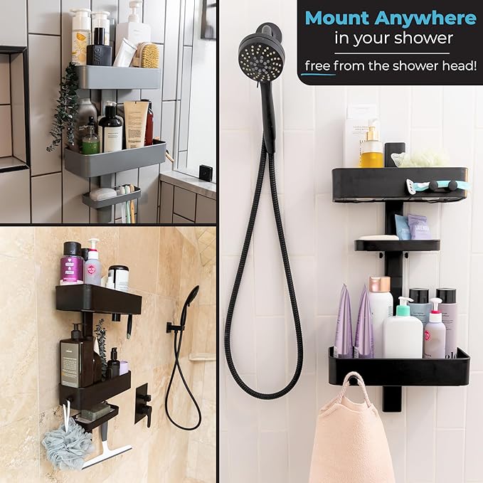ShowerSMART Rust Resistant Hygienic Shower Caddy – Hanging Bathroom Organizer with Adjustable Shelves, Easy Clean Trays & Magnetic Hooks for DIY Remodels & Shower Niches - Graphite