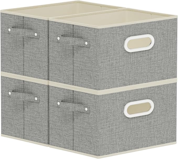 Fabric Open Storage Bins with Metal Handles, Collapsible Organizer Baskets, Foldable Cube Boxes for Shelves, Closet, Living Room, 10.2x7.9x6.7in, Grey, 4 Pack