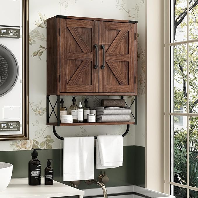 RUSTOWN Farmhouse Medicine Cabinet with 2 Barn Door,Wood Wall Mounted Storage Cabinet with Adjustable Shelf and Towel Bar, 3-Tier Bathroom Cabinet for Bathroom, Living Room(Dark Walnut, Medium)