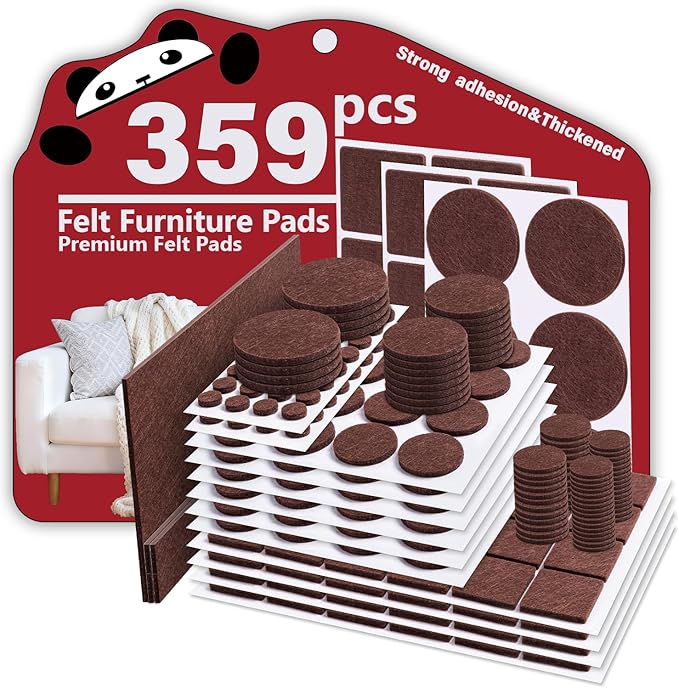 Felt Furniture Pads 359 PCS,Felt Pads for Hardwood Floors, Chair Floor Protectors，Cabinet Door Bumpers，Suitable for Round and Square Chair Legs, Reduce Noise and Protect The Floor (Brown)