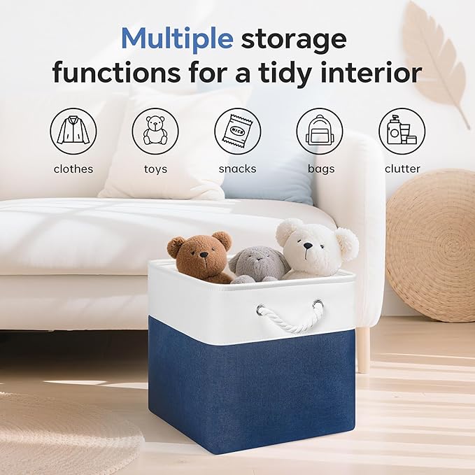 13x13 Inch Cube Storage Bins with Reinforced Bottom Cardboard, 6 Pack Large Foldable Fabric Storage Cubes with Handles for Shelf, Closet, Laundry Organization (White&Navy Blue)