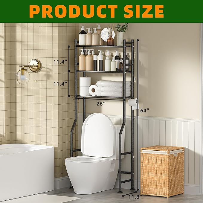 3-Tier Over The Toilet Storage, Space Saver Metal Bathroom Shelves, Freestanding Above Over Toilet Storage Shelf with 4 Hooks for Bathroom, Snow Black