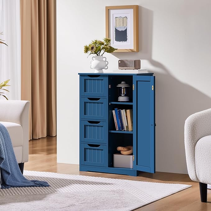 Yaheetech Wooden Bathroom Floor Cabinet, Side Storage Organizer Cabinet with 4 Drawers and 1 Cupboard, Freestanding Entryway Storage Unit Console Table, Bathroom Furniture Home Decor, Navy Blue