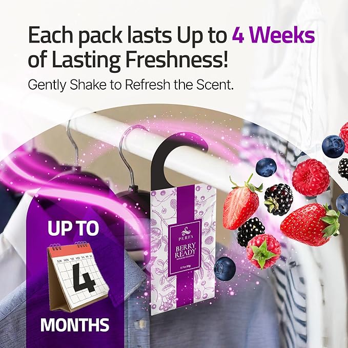 Berry Closet Deodorizer Odor Eliminator | Lasts 4 Months (6 Pack) | Scented Wardrobe and Closet Freshener Odor Eliminator | Eco-Friendly | Drawer Sachets and Small Space Air Freshener by Perfa