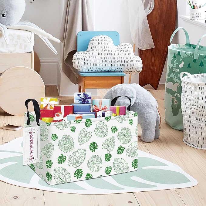 QUEENLALA Rectangular Laundry Hamper/Foldable Nursery Laundry Basket for Organizing/Storage Bin Baskets/Children Toy Office Bedroom/Toy Bin Closet Shelf Baskets (Rec-Green Leaf)