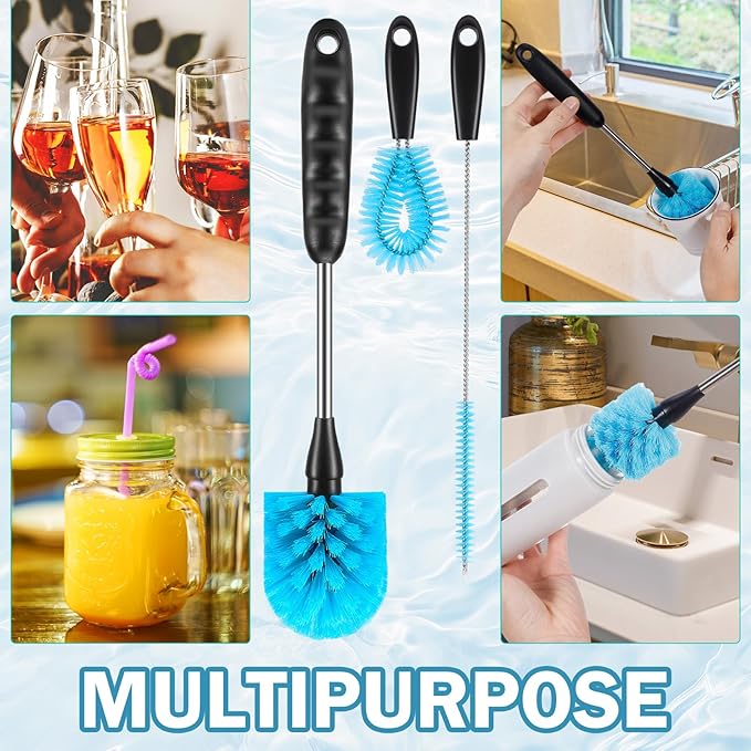 12.2 inch Bottle Brush Set of Three，Washable Coffee Cups, Water Bottles, Baby Bottles, Straws, to-go Cups, Long-Handled 3-in-1 Stainless Steel Bottle Brushes.