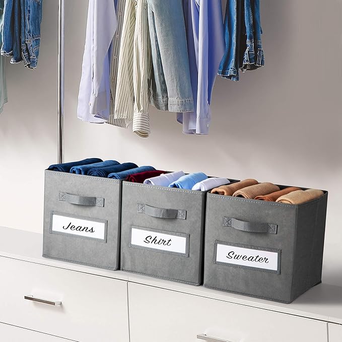 artsdi 11 Inch Storage Cube,Storage bin (Set of 10) Foldable Fabric Cube Storage Bins with 10 Labels Window Cards & a Pen,Baskets Containers for Shelves,Closet Organizers Box for Home & Office,Gray