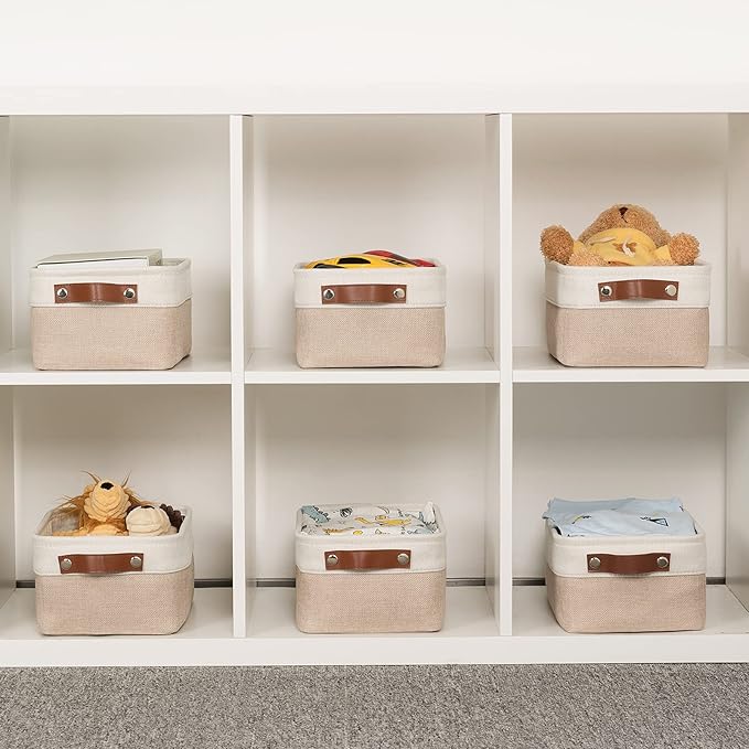 HNZIGE Small Fabric Baskets for Organizing(6 pack) Collapsible Storage Baskets for Shelves, Closets, Laundry, Nursery, Decorative Baskets for Gifts Empty (White&Beige, 11.8" x 7.8" x 5.1")