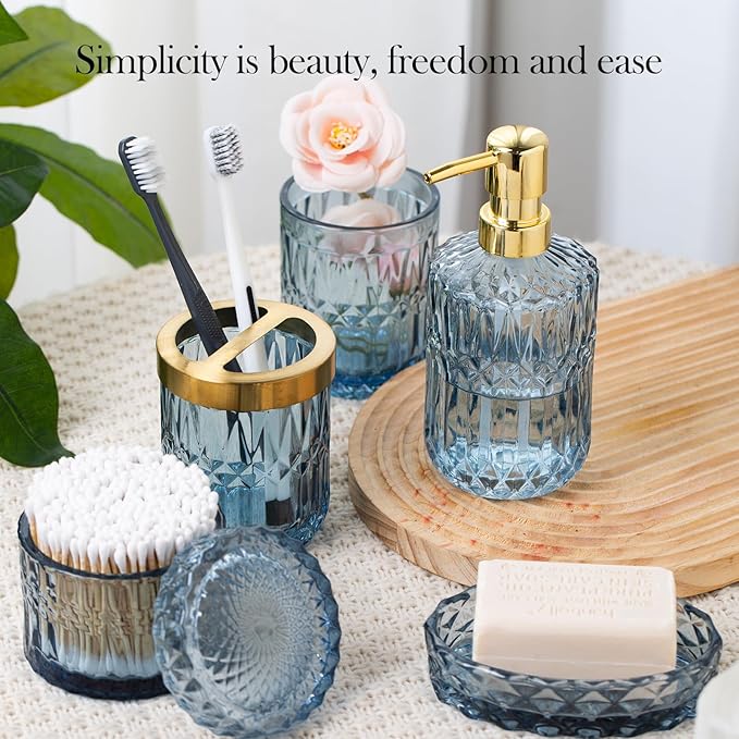 Bathroom Accessory Set 5 Pcs, Glass Bathroom Set Include Soap Dish, Toothbrush Holder, Mousewash Cup, Soap Dispenser, Cotton Swab Jar, Blue