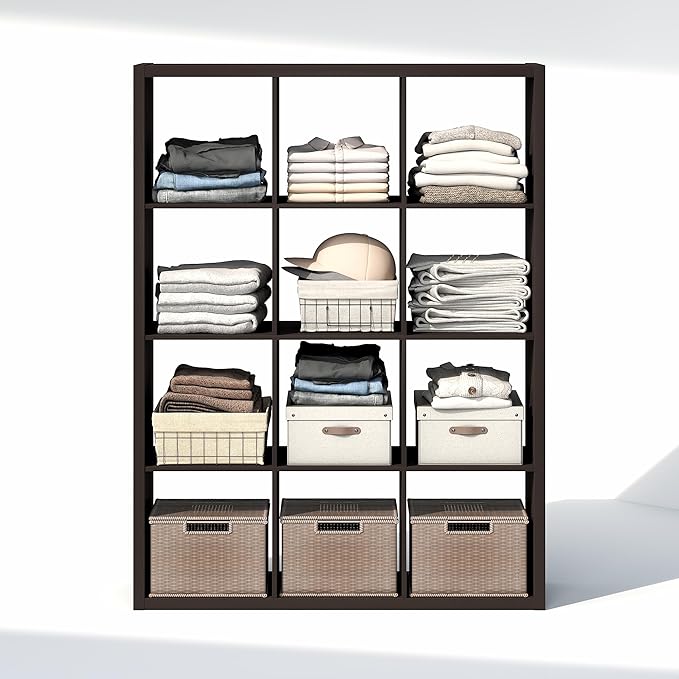 Furinno Cubic Closet Organizers and Storage, 12-Cube Closet Organizer, Open Shelf Closet Storage, Extra Thick Frame for Wardrobe, Bedroom, Living Room, Dark Oak