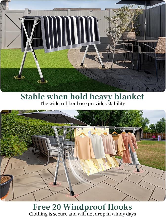Lrjyxq 95 Inches Heavy - Duty Stainless Steel Folding Clothes Drying Rack Clothing Indoor Outdoor Anti-Rust 20 Windproof Hooks Portable & Foldable Laundry Rack (95'')