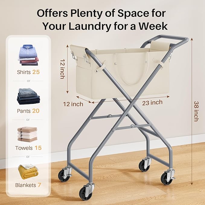 No-Bend Laundry Cart- Rolling Hamper with Locking Wheels & Handle, Foldable Basket Screw-Free Assembly, Durable Metal Frame & Removable Liner Bag for Bedroom & Bathroom (Beige)
