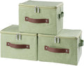 3 Pack Storage Bins with Zipper Lid Fabric Lidded Storage Boxes Baskets Cubes Washable Collapsible PU Leather Handle Cotton Linen Fabric Shelf Closet Organizer Container(Green, Small Size)