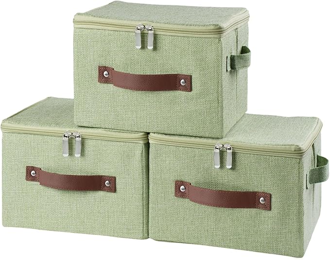 3 Pack Storage Bins with Zipper Lid Fabric Lidded Storage Boxes Baskets Cubes Washable Collapsible PU Leather Handle Cotton Linen Fabric Shelf Closet Organizer Container(Green, Small Size)