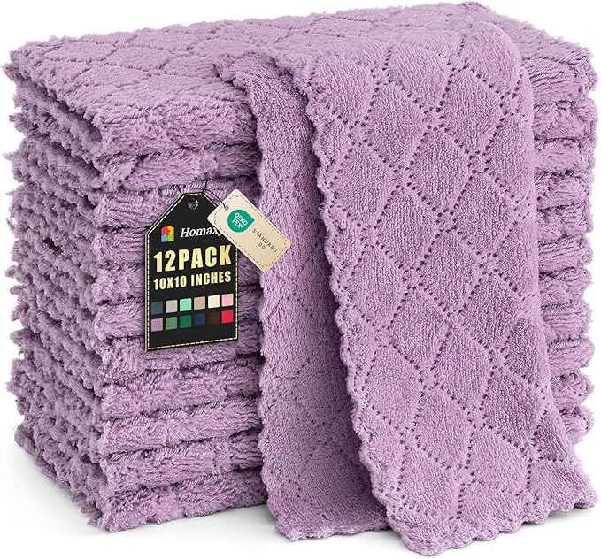 Homaxy 12 Pack Kitchen Cloths Dish Towels (10" x 10", Purple), Super Soft and Absorbent Dish Cloths, Coral Velvet Microfiber Cleaning Cloth, Nonstick Oil Fast Dry Dishcloths