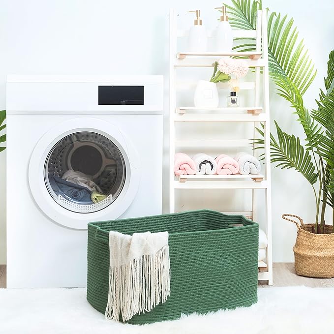 MINTWOOD Design 22in Extra Large Blanket Basket Holder Living Room, Rectangle Rope Woven Storage Basket with Handles for Laundry, Pool Towels, and Shoes, Dog Toy Organizer Bin Box, Forest Green