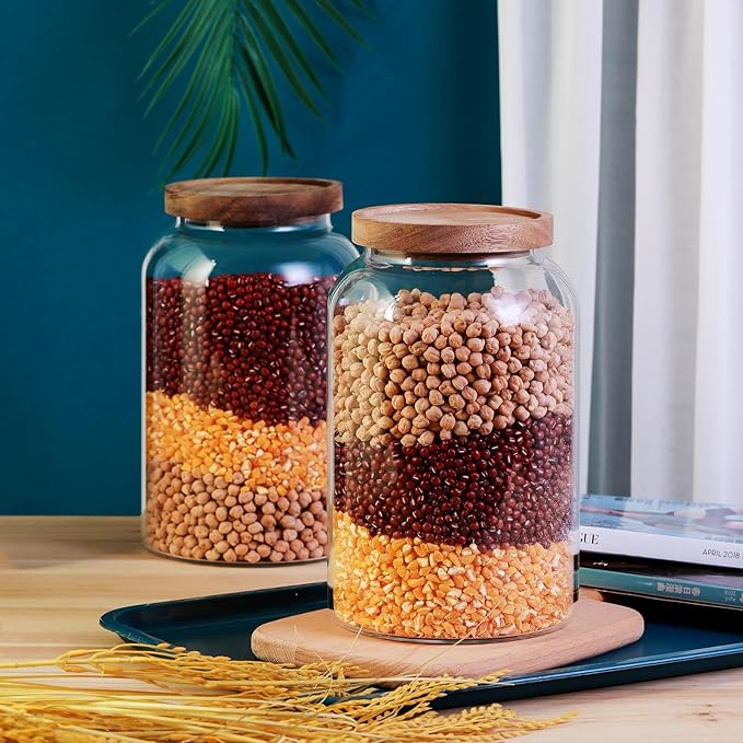 COBKSXUEP Large Glass Jar with Airtight Lid 94 FL OZ Glass Canister Set Wooden Lids Glass Food Storage Containers for Kitchen Counter Flour Tea Coffee Beans Sugar Cookies Overnight Oats (2pcs 2.8L)