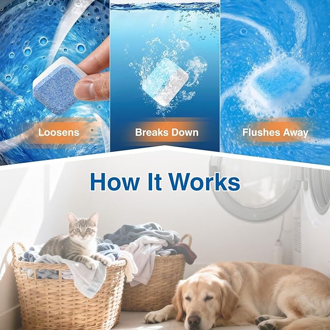 flowcheer Washing Machine Cleaner for Pet Hair & Odor Deep Cleaning Tablets for Washer Drum & Tub – Breaks Down Odor-Causing Buildup, Loosens Pet Hair Residue – 24 Tablets, 1 Year Supply
