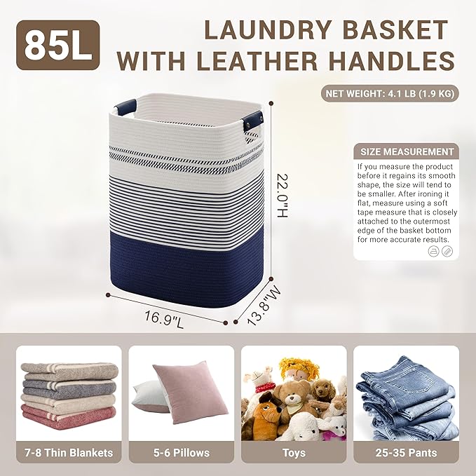 85L Tall Laundry Hamper with Handles for Living Room Storage, Extra Large Woven Rope Baskets Bin for Blanket, Kids Toy, Gifts, Wicker Hamper for Bedroom Dirty Clothes, 17"x14"x22" White Navy