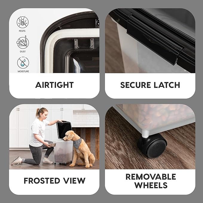 IRIS USA WeatherPro Airtight Dog Food Storage Container, Up to 50 lbs, Removable Wheels, for Dog Cat Bird and other Pet Food Storage Bin, Keep Fresh, Translucent Body, Easy Mobility, Clear/Black