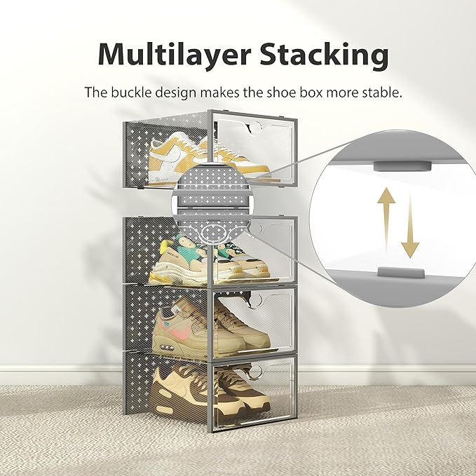 Pinkpum XXL Shoe Storage Box Fit for Size 14, Clear Plastic Stackable Shoe Organizer for Closet 12 Pack, Shoe Containers Sneaker Storage Grey