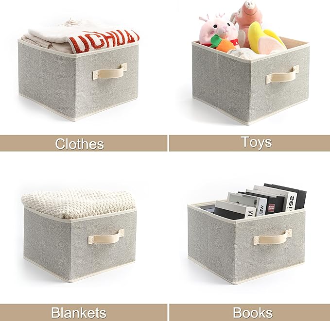 11 inch Storage Baskets, Woven Fabric Bins, Storage Cubes with Reinforced Handles, Organizer Bins for Closet Shelves, Foldable, for Clothes (Beige, 4PCS/11*11*7.8inch)