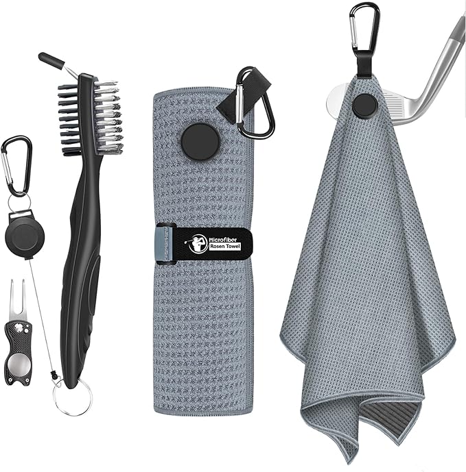 Golf Towel, Magnetic Golf Towel with Brush and Divot Tool, Microfiber Waffle Pattern with Clip for Men, Industrial Strength Magnet for Strong Hold to Golf Bags, Carts or Clubs (Gray)