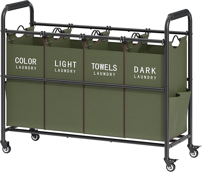 Tajsoon 4 Bag Laundry Sorter Cart, 4 Section Laundry Hamper Sorter with Heavy Duty Lockable Rolling Wheels, Laundry Separator Hamper with Removable Bags for Dirty Clothes Storage, Green