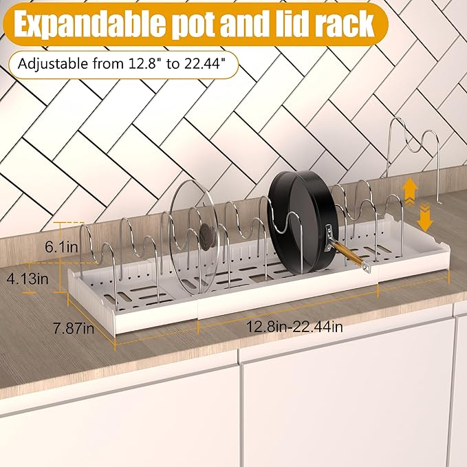 2 Pack Pots and Pans Organizer Racks Under Cabinet, Expandable Food Storage Container Lid Holder, Includes 20 Stainless Steel Racks & White Plastic Base, Perfect for Kitchens, Apartments & RVs