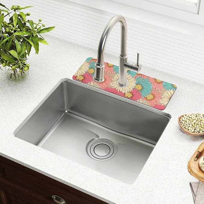 Kitchen Sink Splash Guard 1 PC 14.7 Inch Sink Faucet Mat Splash Guard for Bathroom Countertop Water Absorbent Foldable Cuttable Soft Washable Colorful Flowers