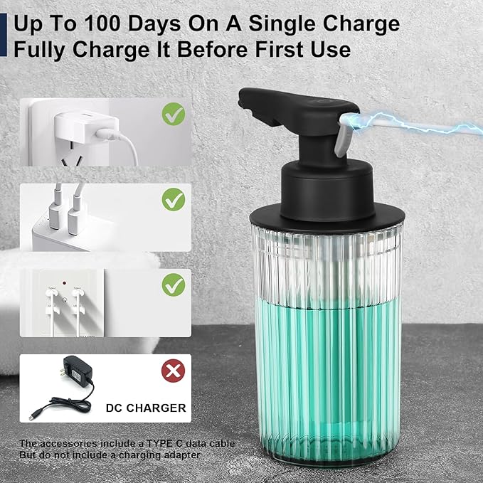 Automatic Soap Dispenser Liquid Touchless: 9oz Black Acrylic - Rechargeable Electric Smart 3 Level Adjustable Auto Hand Soap Dispenser - Dish Bathroom Kitchen