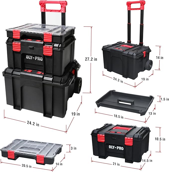 Modular Tool Box Storage System, Rolling Stackable Toolbox with Wheels, Heavy-Duty Plastic Organizer with Drawers for Garage or Truck, Black