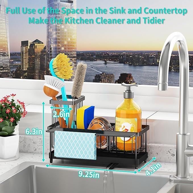 Godboat Sponge Holder for Kitchen Sink - Stainless Steel Sink Caddy Organizer with Towel & Brush Rack, Auto-Drain & 360° Swivel Spout, Bathroom Organizer for Soap Dispenser, Black (9.25" W X 4.1" D)