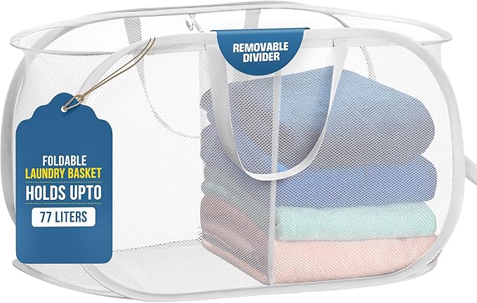 Foldable Laundry Basket - Popup and Collapsible, Durable Mesh Material, Folds for Storage, Easy Carry Handles - Great Hamper for College Dorm, Laundry Room or Travel (White, 2-Compartments)